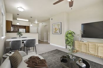 A living room with a grey couch and a television.